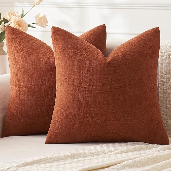 MIULEE Rust Couch Pillow Covers 18x18 Inch, Set of 2 Soft Chenille Fall Decorative Square Throw Pillow Covers Farmhouse for Sofa Living Room Bed