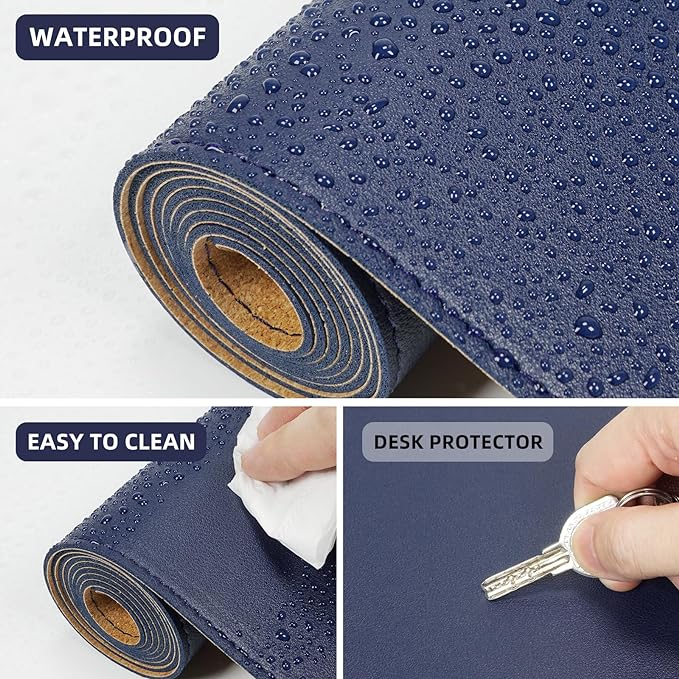 AFIING Dual-Sided Desk Pad, Natural Cork & PU Leather Large Mouse mats for Office and Home Work, Desk Protector Non-Slip, Waterproof, Easy Clean (Blue, 23.6" x 13.7")