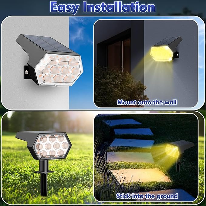 Kaxiida Solar Spot Lights Outdoor Waterproof IP68, 3 Modes & 25% Larger Panel 92 LED Solar Landscape Lights for Yard Pathway Patio Garden Decor (Warm White,4 Pack)