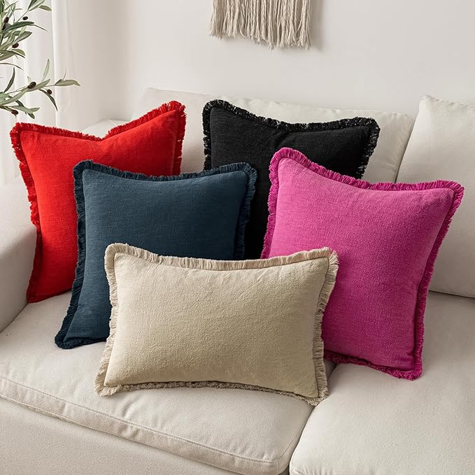 MIULEE Decorative Throw Pillow Covers Neutral Linen Fringe Throw Pillows Euro Shams Set of 2 Hot Pink Boho Farmhouse Cushion Covers for Couch Sofa Bed Living Room Spring Home Decor 24x24 Inch