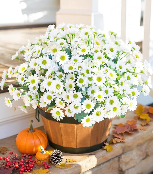 Daisy Artificial Flowers for Outdoors Fall Autumn Decoration, 6 Bundles Fake Mums White Silk Flowers for Outside Look Real UV Resistant Faux Flowers Plants for Planter Front Door Home Indoor Porch Urn