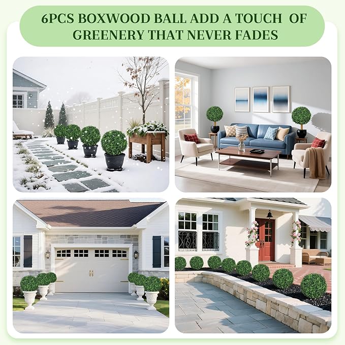 6 Pack Fake Plants with Spike, 25.6'' UV Resistant Artificial Boxwood Topiary Ball Tree, Faux Greenery Shrubs Fake Shrubs for Outdoors Indoors Home Docer Front Door Proch Decor