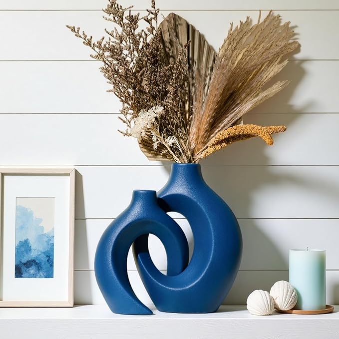 Snuggle Hollow Ceramic Vase Set of 2, 8.4 inch Modern Nordic Coastal Shaped Pampas Grass Aesthetic Decorative Table Vases for Home Decor (Matte Navy Blue - M)