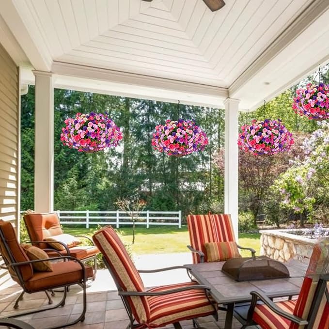 Artificial Hanging Faux Flowers Basket, Fake Silk Petunias Plants Arrangement,for Spring Summer Outdoor Decoration,UV Resistant, Morning Glorias,for Home Garden Decor (PinkPurple)