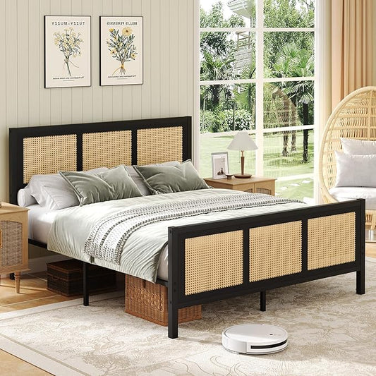 Rattan Bed Frame Queen, Boho Queen Bed Frames with Headboard, Metal Platform Bed Frame Queen Size with Strong Slats Support, No Box Spring Needed, Noise Free, Easy Assembly, Black