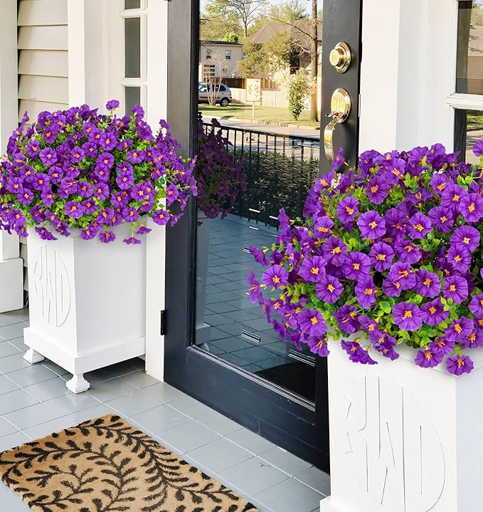 Ouddy Decor 24 Bundles Artificial Flowers for Outdoors Decoration Fake Silk Morning Glory Flowers Faux Eucalyptus Plants UV Resistant for Porch Patio Garden Spring Summer Home Decor, Purple