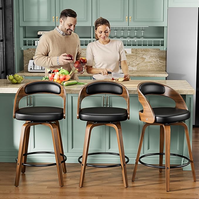 Bar Stools Set of 3, 26" Counter Height Barstools with Bentwood Legs, Swivel Counter Stools with Back, Mid Century Modern Faux Leather Upholstered Bar Chairs for Kitchen Island, Black
