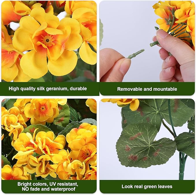 Fake Geraniums Artificial Flowers for Outdoors Fall Autumn Decoration, 6 Bundles Silk Geraniums UV Resistant Look Real Yellow Faux Flowers Plants for Front Door Garden Planter Patio Balcony Yard Home