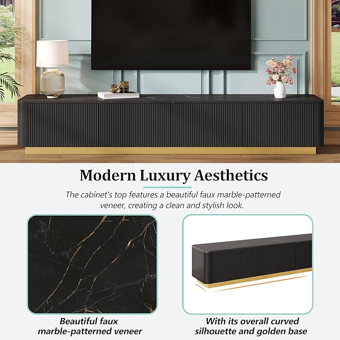 Merax Modern Wood TV Stand for TVs Up to 85'', Faux Marble Tabletop Entertainment Center with Storage Drawers, Practical Media Console for Living Room, Bedroom, Black