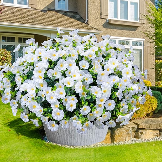 Artificial Outdoor Flowers 16 Bundles Fake Morning Glory Flower Outdoor UV Resistant Plastic Faux Flowers Plants for Decoration Indoor Outdoor Hanging Window Box Planter Home Porch Decor (White)