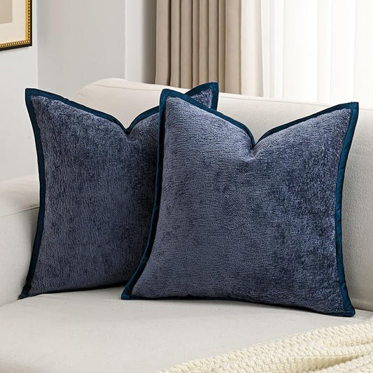 FUTEI Navy Blue Chenille Throw Pillow Covers 22x22 Inch Set of 2,Soft Cozy Bound Edge Design Cushion Case,Home Decor for Couch Bed Living Room