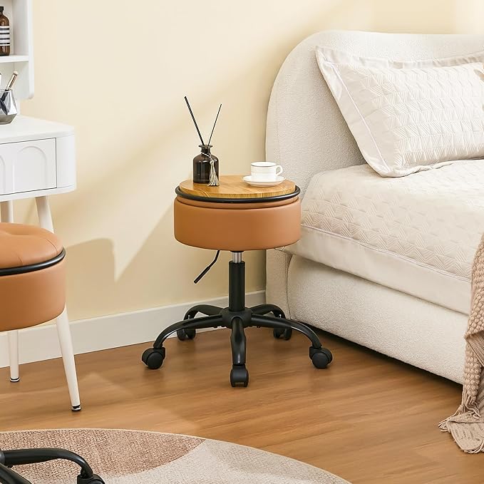 Vanity Stool with Wheels (Chair & Small Table in One) (Adjustable Height Stool 20.67"-24.61"), Caramel Brown Rolling Chair with Storage