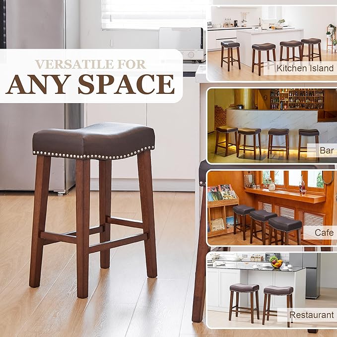 PrimeZone Counter Height Bar Stools Set of 4 - Backless Saddle Barstools with 4.3" Thick Upholstered, Nailhead Trim Faux Leather & Solid Wood Legs, 26 Inch Counter Stools for Kitchen Island, Brown