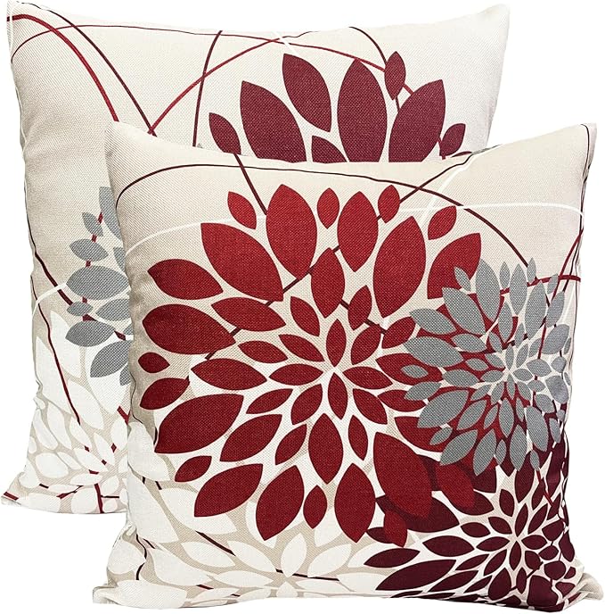 Wine Red Decorative Throw Pillow Covers 20x20 Inch Pillow Covers for Couch Living Room Bedroom Outdoor.Modern Sofa Throw Pillow Cover.Farmhouse Geometric Floral Linen Square Pillow Case.Set of 2