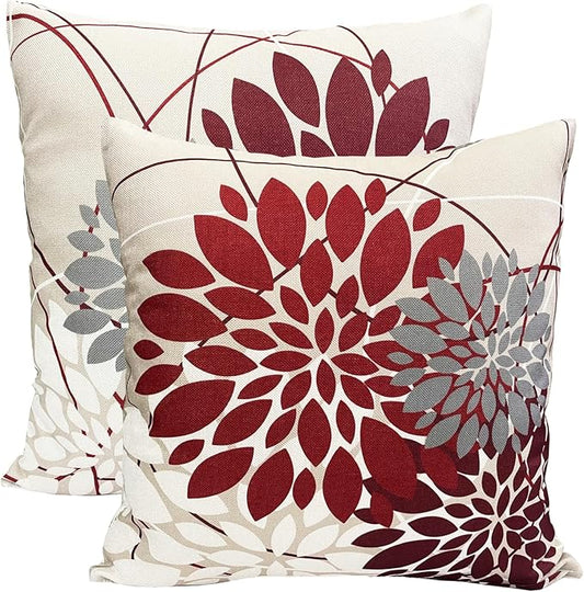 Wine Red Decorative Throw Pillow Covers 20x20 Inch Pillow Covers for Couch Living Room Bedroom Outdoor.Modern Sofa Throw Pillow Cover.Farmhouse Geometric Floral Linen Square Pillow Case.Set of 2