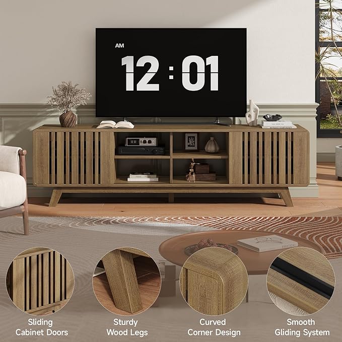 ONBRILL 70-Inch TV Stand for TVs up to 80 Inch, Mid-Century Modern Television Stand with Power Outlet， Entertainment Center with Sliding Grille Door Cabinets and Open Shelves for Living Room, Oak
