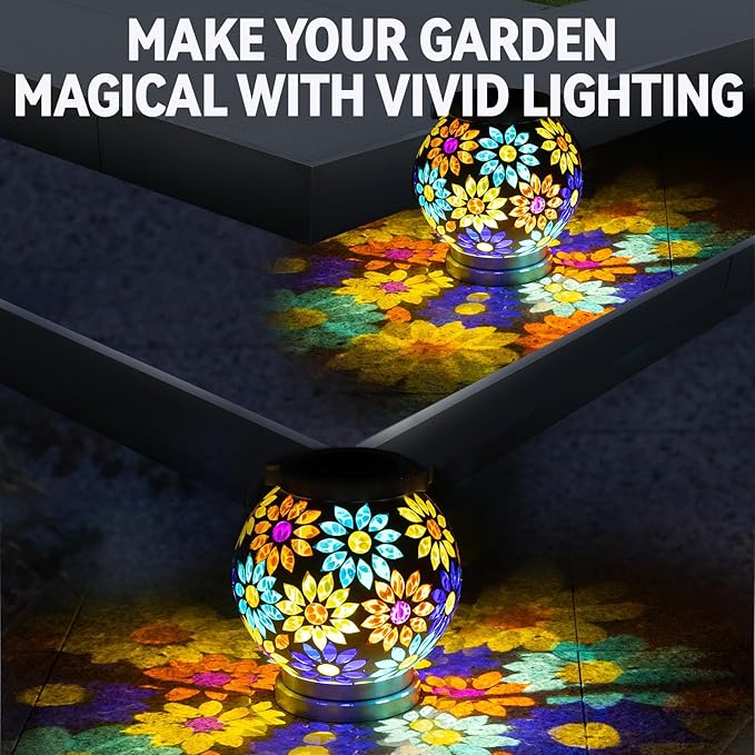 VOREEN Mosaic Solar Lanterns, Handmade Outdoor Glass Hanging Lights, Waterproof Solar Table Lamps, Gift for Mom Wife Friend, Decoration for Garden, Patio, Yard, Party, Balcony, Floral Pattern
