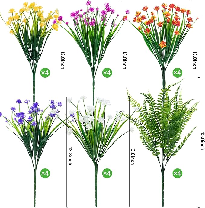 Ouddy Decor 24 Bundles Artificial Flowers for Outdoors UV Resistant Fake Plastic Plants Faux Boston Fern Greenery Stems for Spring Summer Indoor Garden Patio Window Box Kitchen Home Decor, Mixedcolor