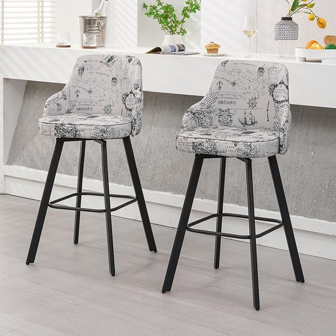 Bar Stools Set of 2, 30" Swivel Bar Height Bar Stool with High Back, Linen Kitchen Barstool Bar Height for Kitchen Island (Beige (Nautical Print), 2PCS 30" Bar Stools)