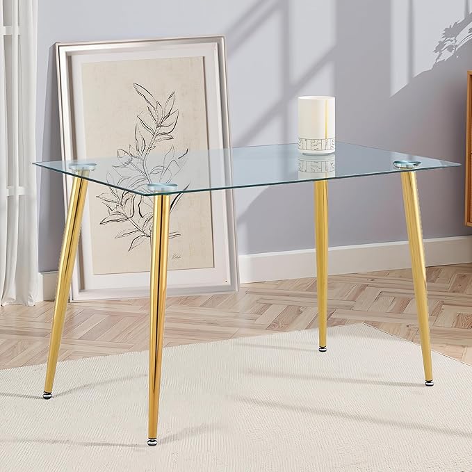 Dining Table for 6 Kitchen Table 47.2" Rectangular Modern Glass Dining Table Kitchen & Dining Room Tables with Glass Tabletop and Metal Legs for Dining Room and Kitchen, Champagne