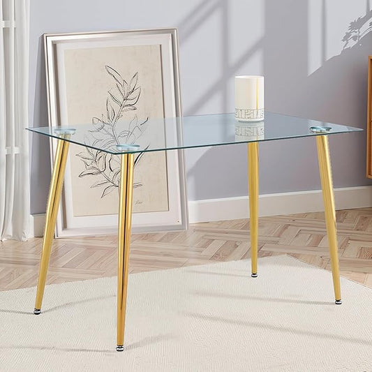 Dining Table for 6 Kitchen Table 47.2" Rectangular Modern Glass Dining Table Kitchen & Dining Room Tables with Glass Tabletop and Metal Legs for Dining Room and Kitchen, Champagne