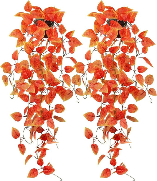 2 Pack Artificial Fall Plants Hanging Orange Vines Potted Fall Foliage Fake Pothos Trailing Plant Autumn Decoration for Indoor Outdoor Thanksgiving Bathroom Wall Kitchen Room Shelf Decor (Black Pot)
