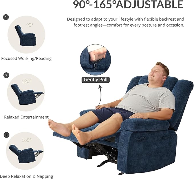 Velvet Rocker Recliner for Adults, Overstuffed Manual Recliner Chair with Spring Cushion, Rocking Chair with Side Pockets, Nursery Glider Recliner Single Sofa for Living Room (Oversize, Blue)