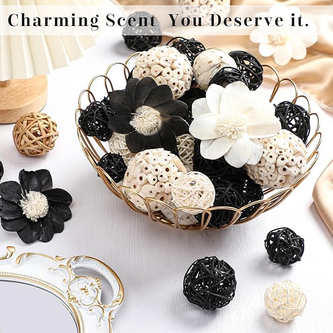 Riceshoot 2 Pack Decorative Balls Potpourri Bowl Filler Decor Natural Vase Bowl Filler Assorted Spherical Rattan Twigs Wicker Balls Cotton for Home Centerpiece(Black)