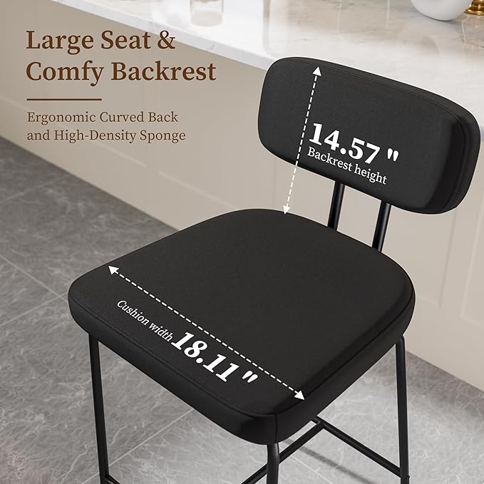 Counter Height Bar Stools Set of 4, 26" Fabric Kitchen Bar Stools with Back, Counter Barstools with Metal Legs, Bar Chairs for Kitchen Island, Black