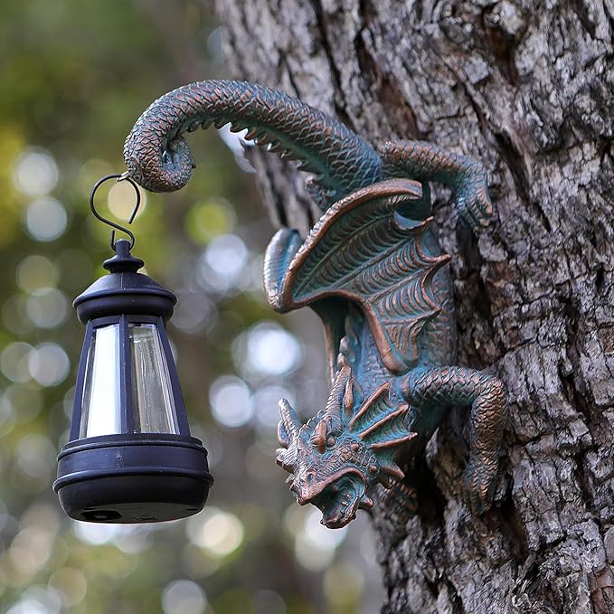 Solar Dragon Tree Hugger Statue Wall Decor - Gothic Garden Statue with Solar Lantern, Outdoor&Yard Decor, Fantasy Dragon Figurine for Trees, Walls, or Fences - Unique for Men & Women