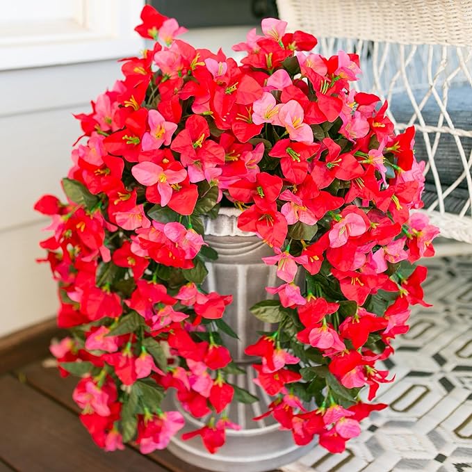 Bougainvillea Artificial Hanging Flowers Plants for Outdoors Decoration, 2pcs Fake Flowers Silk Bougainvillea Vines Realistic UV Resistant Faux Flowers for Outdoor Planters Porch Patio, Mix