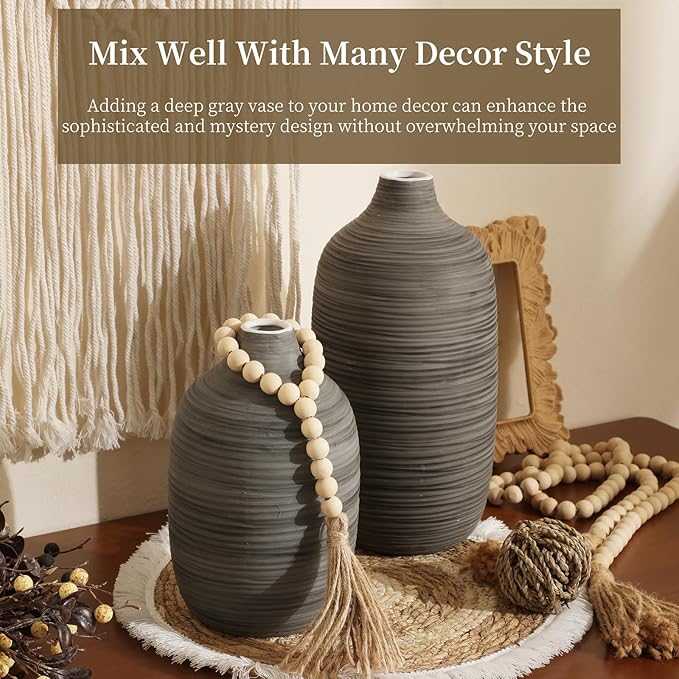 ALMA 9 in Contemporary Vessel for Room Decor Aesthetic|Decorative Black Gray Vase for Pampas Grass|Boho Vase for Coffee Table Centerpiece,Nightstand,Bookshelf,Minimalist Living Room,Bathroom Decor