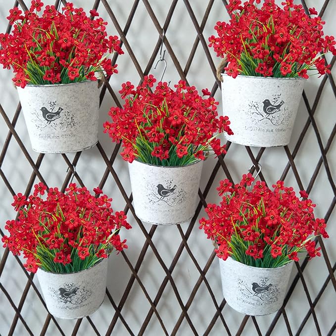 Lnoicy 24 Pcs Artificial Flowers for Outdoor,Plastic Flowers Decoration, UV Resistant Faux Flowers Shrubs, Artificial Plants for Indoor Outside Garden Home Wedding Farmhouse(Red)