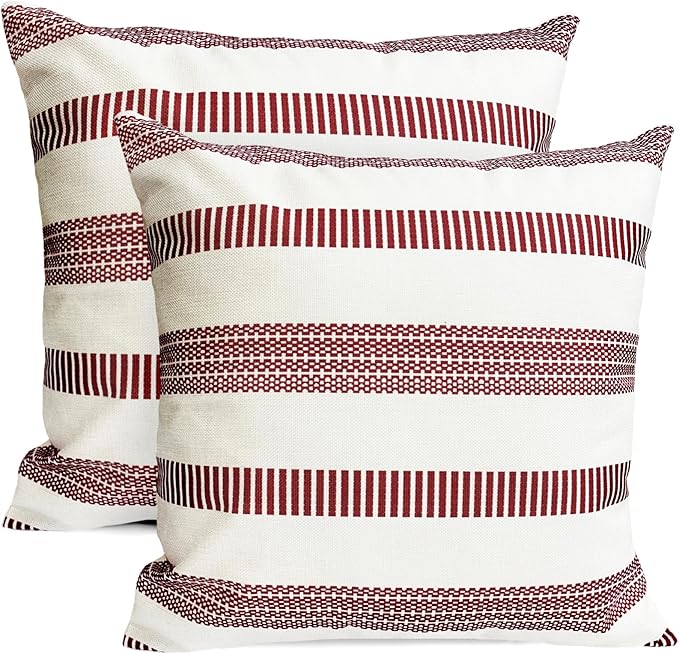 Decorative Throw Pillow Covers Set of 2 Wine Red Boho Striped Pillow Covers 18x18 Inch Throw Pillow Cover Linen Pillowcase Farmhouse Outdoor Pillow Covers for Couch Sofa Bed Living Room