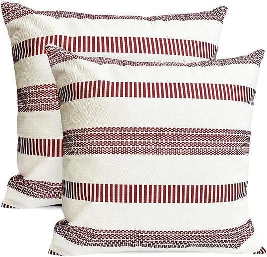 Decorative Throw Pillow Covers Set of 2 Wine Red Boho Striped Pillow Covers 16x16 Inch Throw Pillow Cover Linen Pillowcase Farmhouse Outdoor Pillow Covers for Couch Sofa Bed Living Room