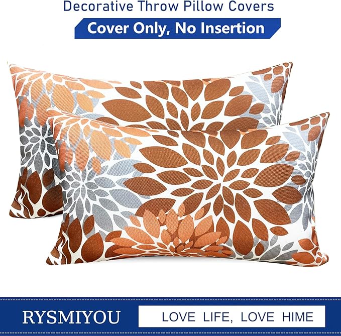 Decorative Throw Pillow Covers Set of 2 Brown Coffee Pillow Covers 12x20 Inch Couch Pillow Covers for Sofa Living Room Outdoor Throw Pillow Cover Linen Floral Flower Farmhouse Pillowcase