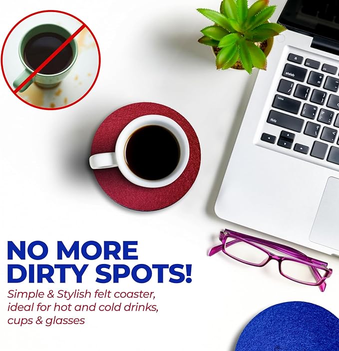 A&A Wonders Premium Felt Coasters for Drink, Two-Tone Reversible, Absorbent Felt Protects Furniture, Table, Anti Slip, Suitable for Drinks & All Table Types (Wine Red/Royal Blue, Circle 18 Pack)
