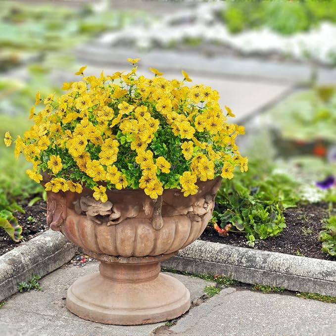 16 Bundles Artificial Flowers Outdoor Spring Summer Decoration Fake Silk Colorful Daisy Eucalyptus Realistic UV Resistant Outside Faux Plants for Garden Porch Window Box Home Decor(Yellow)