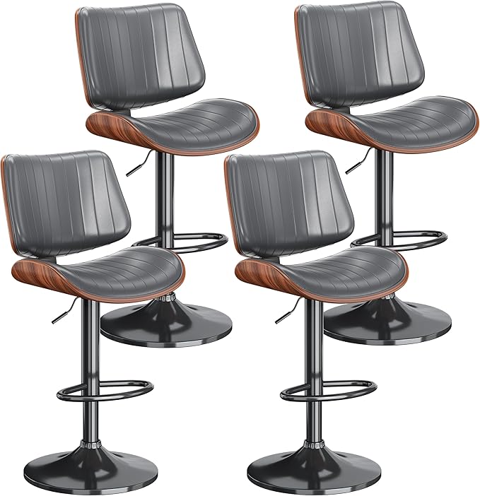 Swivel Bar Stools Set of 4, Adjustable Bentwood Barstools for Kitchen Counter, Modern PU Leather Upholstered Bar Chair with Back and Footrest, for Kitchen Island, Bar, Dining Room, Gray