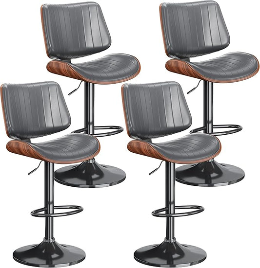 Swivel Bar Stools Set of 4, Adjustable Bentwood Barstools for Kitchen Counter, Modern PU Leather Upholstered Bar Chair with Back and Footrest, for Kitchen Island, Bar, Dining Room, Gray