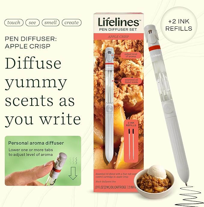 Lifelines Pen Diffuser Set, Apple Crisp - 1mm Black Ballpoint Pen with Scented Essential Oil Blend & 2 Ink Refills – Aromatherapy Diffuser & Sensory Immersion Diffuse Aroma As You Write