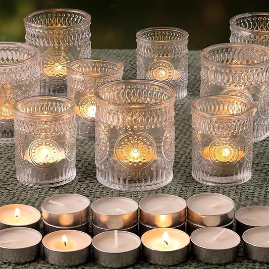 Volens 20pcs Assorted Clear Votive Candle Holders with 20pcs Tealight Candles, Large Glass Votive & Tea Light Candle Holder for Wedding Table Centerpieces, Christmas Party Decorations, Fall Home Decor