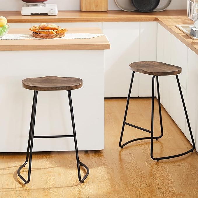 HeuGah Bar Stools Set of 4, Saddle Seat Bar Stools, Rustic Backless Wood Counter Height Stools, Industrial Counter Stools with Metal Legs(Brown, 4 PCS 26Inch Counter Chair)