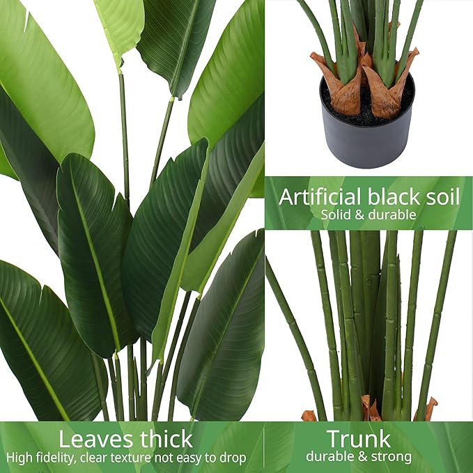 Artificial Bird of Paradise Plant 5 Ft Tall Fake Banana Leaf Plant for Indoors and Outdoors,Faux Palm Tree with Plastic Pot for Office and Home Decor,L1602PCS