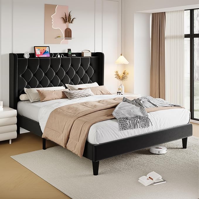 SHA CERLIN Queen Size Platform Bed Frame with Charging Station, Velvet Wingback Headboard with Storage Shelf, Wooden Slats Support, Ample Under-Bed Space, No Box Spring Needed, Easy Assembly, Black