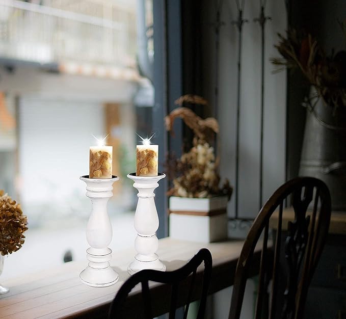 Set of 2 Tall Wooden Candle Holders (12"x4.5") in Rustic Antique White Finish. Perfect for Farmhouse Decor, Mantle, or Table Centerpiece. Holds Pillar Candles. Stylish, Sturdy, and Timeless Charm