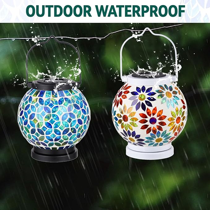 VOREEN 2 Pack Mosaic Solar Lanterns, Handmade Outdoor Glass Hanging Lights, Solar Table Lamps, Waterproof Night Lights, Gift for Mom Wife Friend, Decor for Garden, Patio, Yard, Party, Balcony, Round