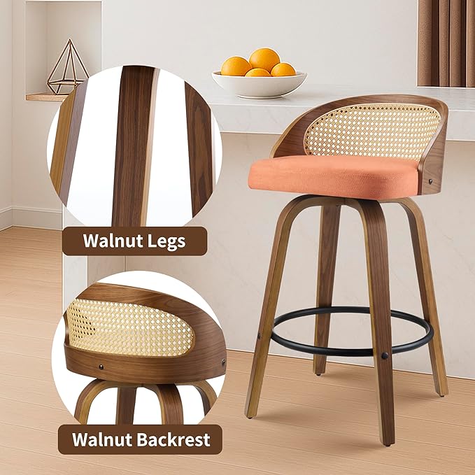 26 inch Swivel Bar Stools with Back, Set of 2 Mid-Century Modern Walnut Bar Chairs, Orange Textured Fabric Upholstered Counter Stools with Footrest for Kitchen Island & Dining Room