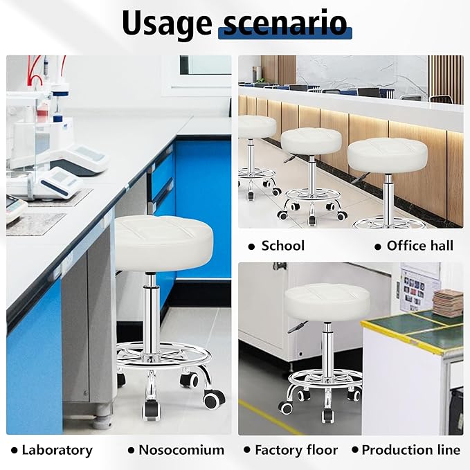 Rolling Stool with Wheels, PU Leather Small Office Chair with Foot Rest,Versatile Adjustable Swivel Stool for Tattoo Massage Salon Spa Teach Medical Facial Office Home Work Kitchen White