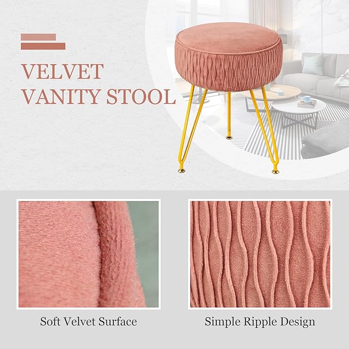 Velvet Vanity Stool Footrests, Round Ottoman Vanity Chairs with Anti-Slip Feet, Dressing Table Seat Foot Stool with Black Legs, Furry Padded Seat Side Table for Makeup Bedroom(Pink, Golden)